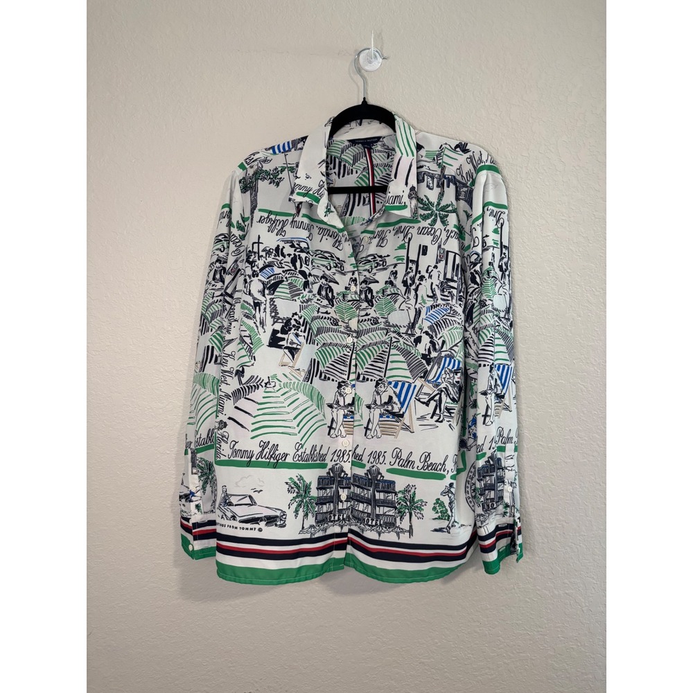 Tommy Hilfiger Womens XL Florida Palm Beach Miami Vacation Print Blouse White